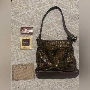 Brighton Sonny Patent Leather Crocodile Shoulder Bag Purse Pewter